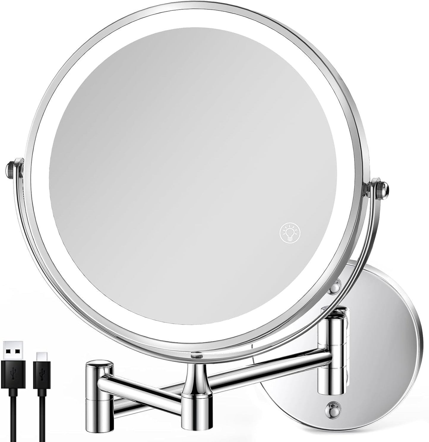 8.5 Inch Rechargeable Wall Mounted Lighted Makeup Mirror, Double-Sided 1X/10X LED Magnifying Vanity Mirror with Lights, 3 Color Lights Touch Screen Dimmable 360°Swivel 18 Inch Extendable - Chrome