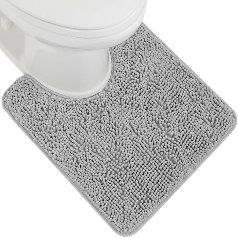 GORILLA GRIP Plush Absorbent Shaggy Chenille Bath Rug Mat for Oval Toilet Base with Rubber Backing, Machine Washable Rugs, Soft Microfiber Contour Mats for Toilets, Bathroom Decor, Lt Gray