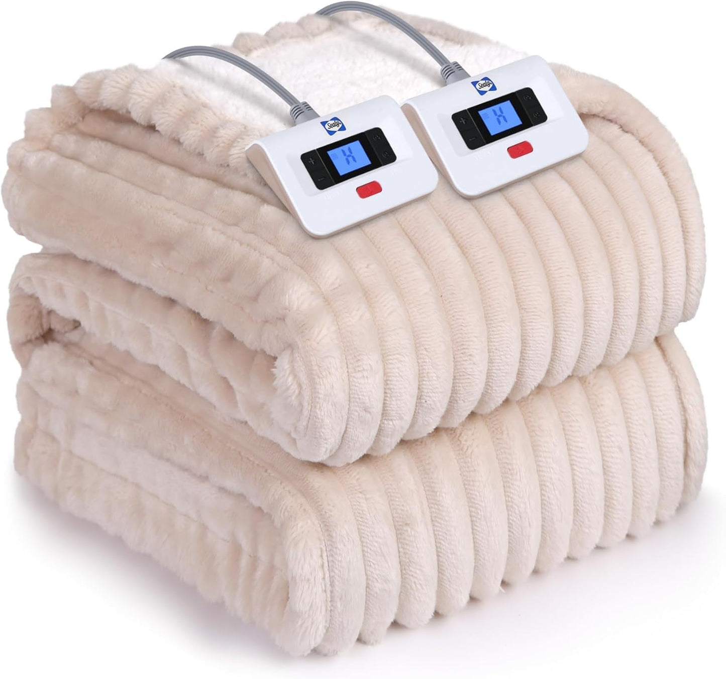 SEALY Electric Blanket Queen Size, Soft Ribbed Flannel to Sherpa Reversible Heated Blanket with Dual Control 10 Heat Settings & 1 to 12 Hours Auto-Off 84"x90" Machine Washable, Beige