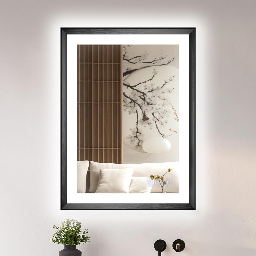 20 x 28 Black Bathroom LED Mirror – Frontlit & Backlit Vanity Mirror with Antifog & Shatter Proof Tempered Glass, Aluminium Frame Bathroom Mirror, Comes with 3 Colour Lights Option