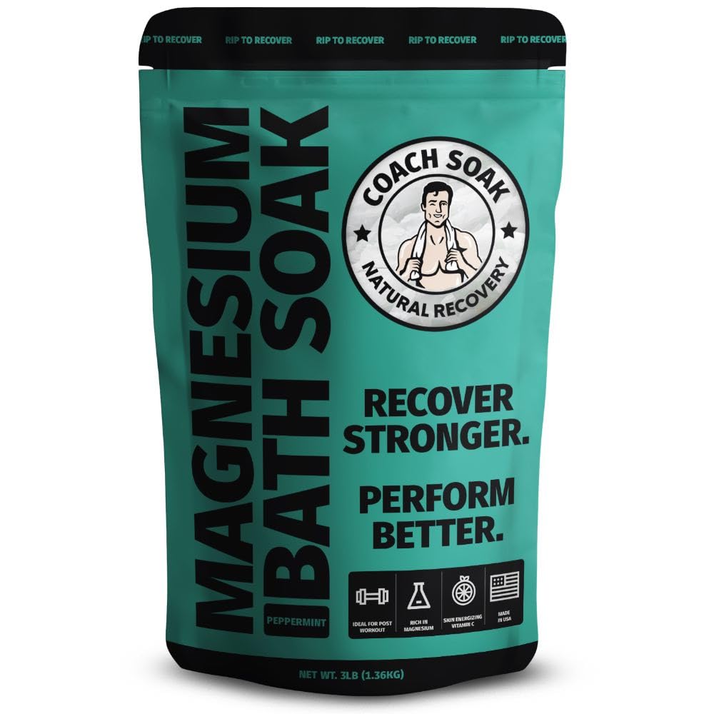 Coach Soak Recovery Bath Soak - Alternative to Epsom Salt Bath Soak - Fast-Absorbing Pure Magnesium Flakes & Dead Sea Salt with 21 Minerals, Bath Salts & Essential Oils - 3 lb, Cooling Peppermint