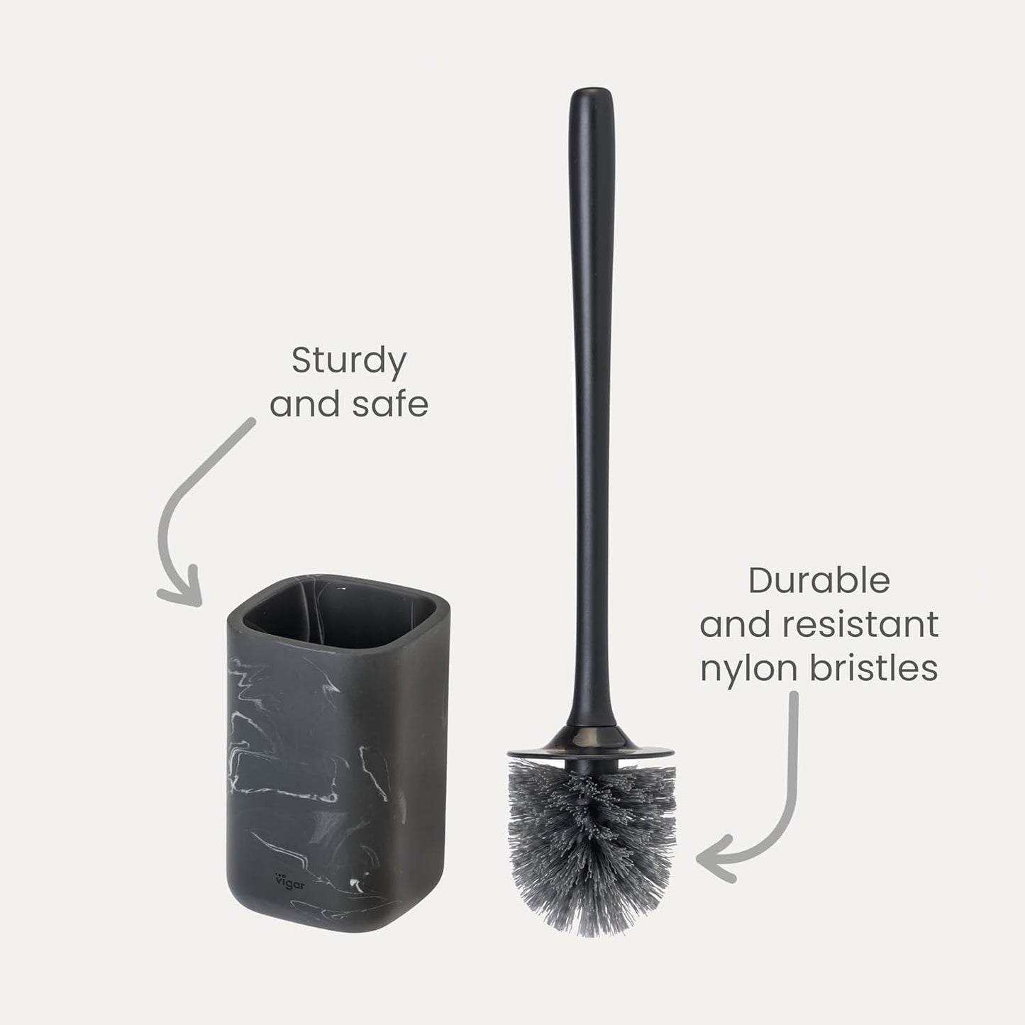 Vigar Zense Toilet Brush and Holder Set, Toilet Bowl Brush with Polyresin Stone Holder, Bathroom Sets for Bathroom Decor and Accessories, Black Marble