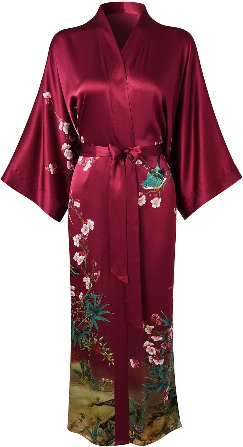 Women's Silk Kimono Robe Long Bathrobe Nightgown 100% Mulberry Silk for Women - Classic Floral Pattern
