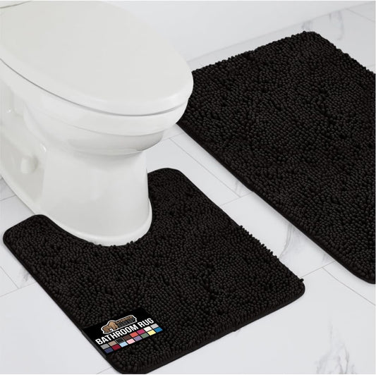 GORILLA GRIP Bathroom Rug Sets, Soft Chenille 2 Piece Area Rugs Set, Toilet Base Mat and 30x20 Carpet, Absorbent Microfiber Washable Mats Dry Quickly, Home Décor and Bath Room Accessories, Black