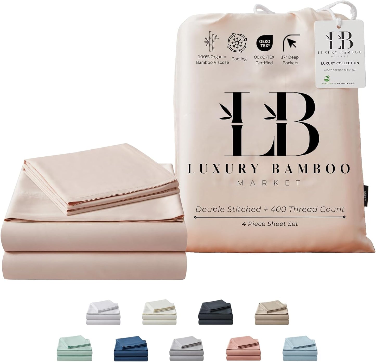 Luxury Bamboo Market | Queen Size Bed Sheet Set | 100% Viscose Made from Bamboo | Organically Grown | Ultra Soft | Cooling Sheets for Hot Sleepers | 17" Deep Pocket [Vintage Pink]