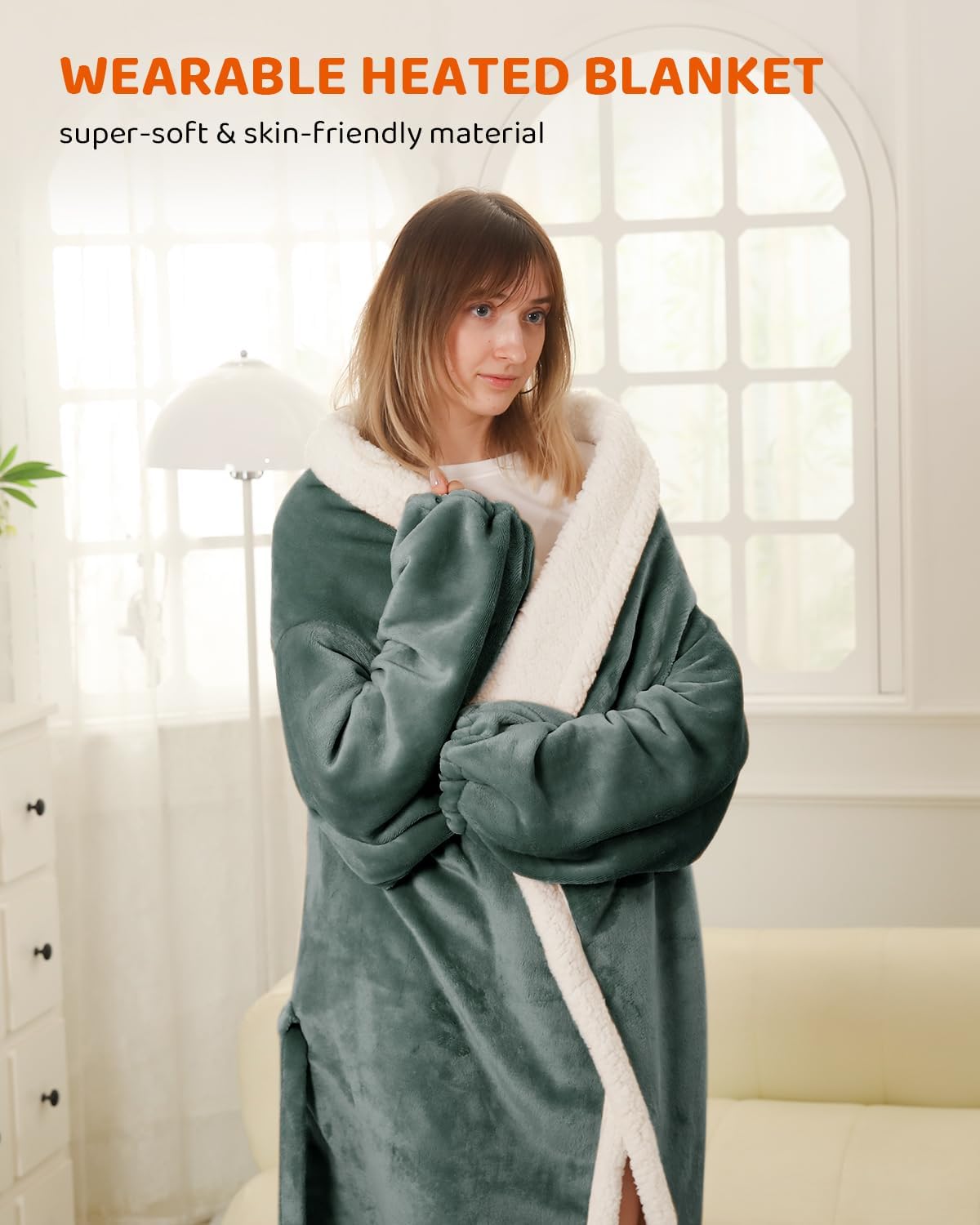 Heated Blanket Electric Blanket Throw Size with Foot Pockets & Sleeves, Flannel Heating Blanket with 9 Heating Levels & 1-9 Hours Auto Off, Fast Heating & Overheat Protection, 50" x 70", Deep Gray