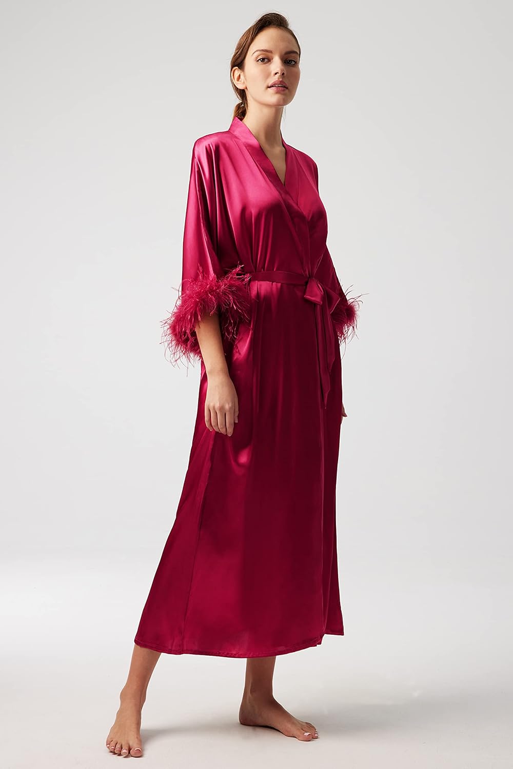 PRODESIGN Satin Kimono Robe Long Silky Bathrobe with Ostrich Feather Trim Sleepwear Wedding Bridesmaid Dressing Gown