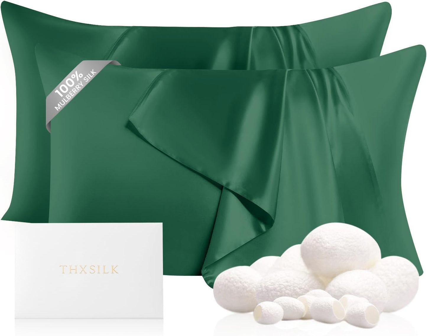 THXSILK Set of 2 100% Mulberry Silk Pillowcases for Hair and Skin Health, Hidden Zipper, 22 Momme, Both Sides Smooth, Breathable and Natural, Sleep Pillow Cases (Standard 20"x26", Emerald Green)