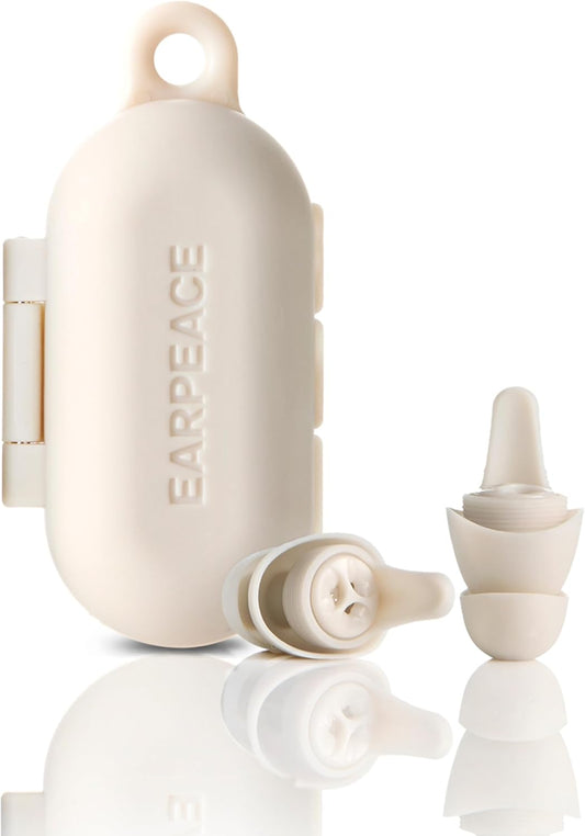 EarPeace Everyday Ear Plugs for Noise Reduction & Noise Control – High-Fidelity Earplugs, Comfortable & Reusable Earplugs for Travel, Sleep, Work, Snoring Blocking, Includes Carrying Case – Cream