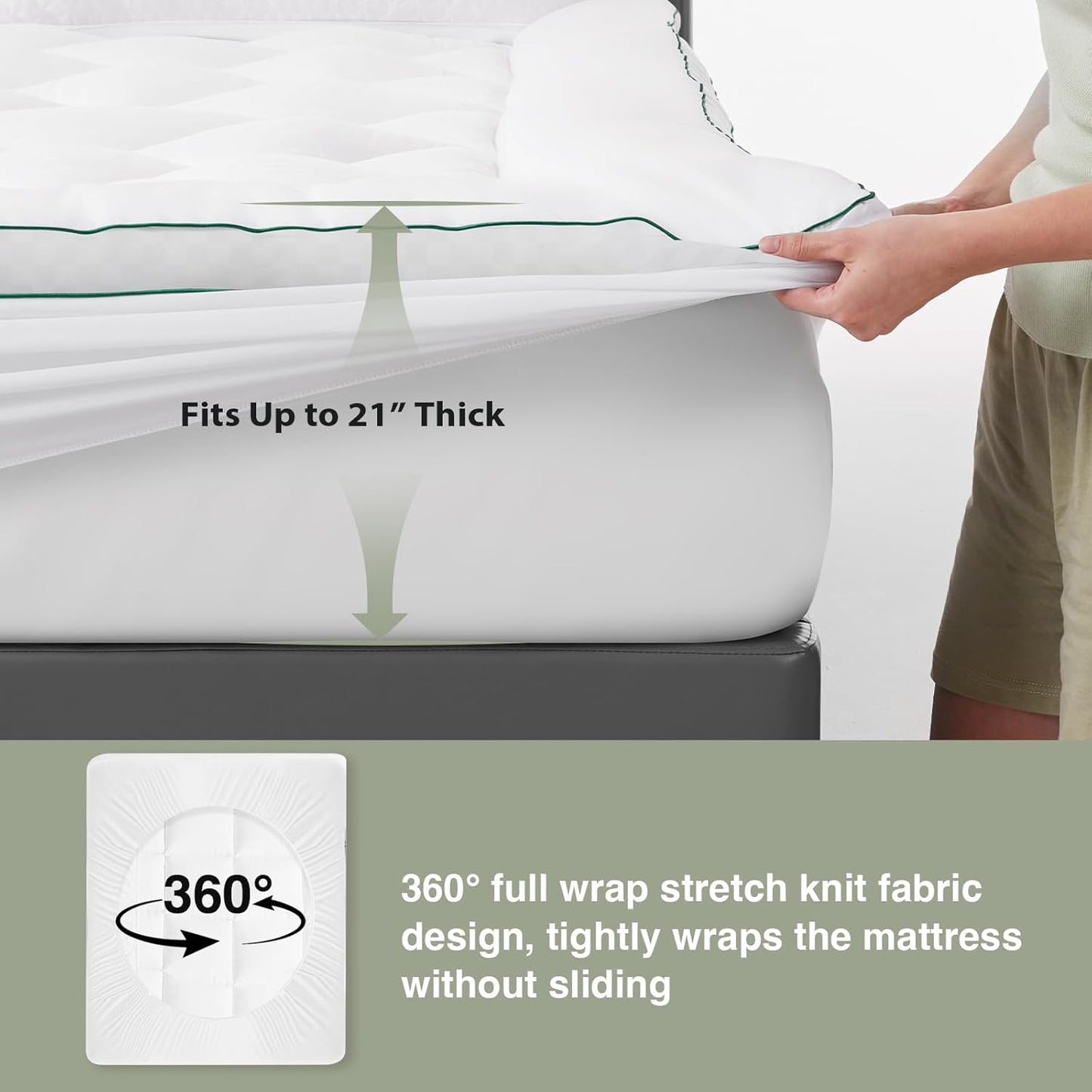 Novilla Twin Mattress Topper, Extra Thick Pillow Top Mattress Pad with Down Alternative, Breathable Mattress Cover with for 8-21", Machine Washable Fitted Mattress Protector – Green-White
