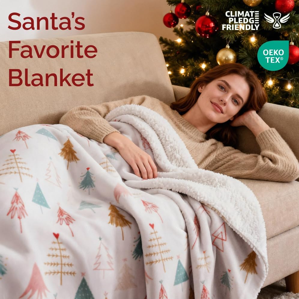 Christmas Sherpa Blanket Throw Size - Reversible Sherpa Fleece Blanket - Super Soft Double Sided Throw for Bed, Sofa, Couch - Thick, Cozy & Plush - Xmas Winter Bedding - Christmas Trees, Pink, 50x60