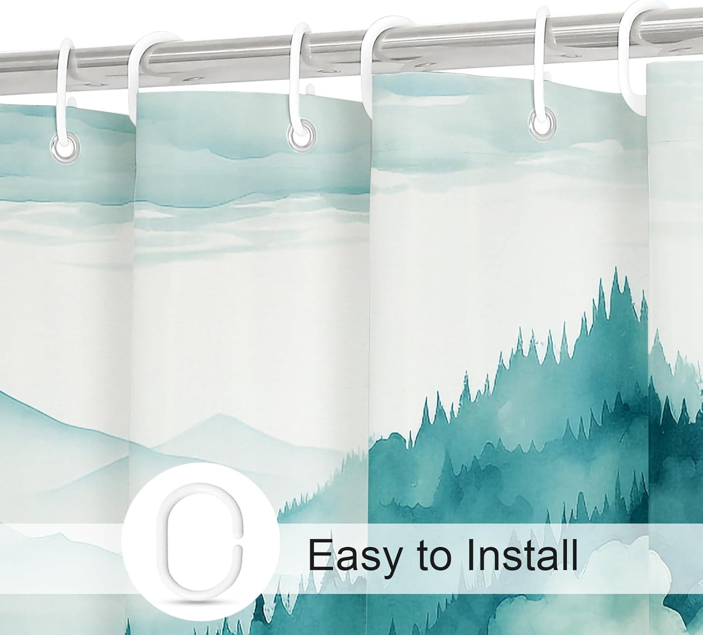Teal Blue Misty Pine Forest Shower Curtain, Mountain Foggy Woodland Scenery Tree Shower Curtains for Chic Rustic Bathroom, Turquoise Abstract Waterproof Nature-Themed Decor, 72x72 Inches