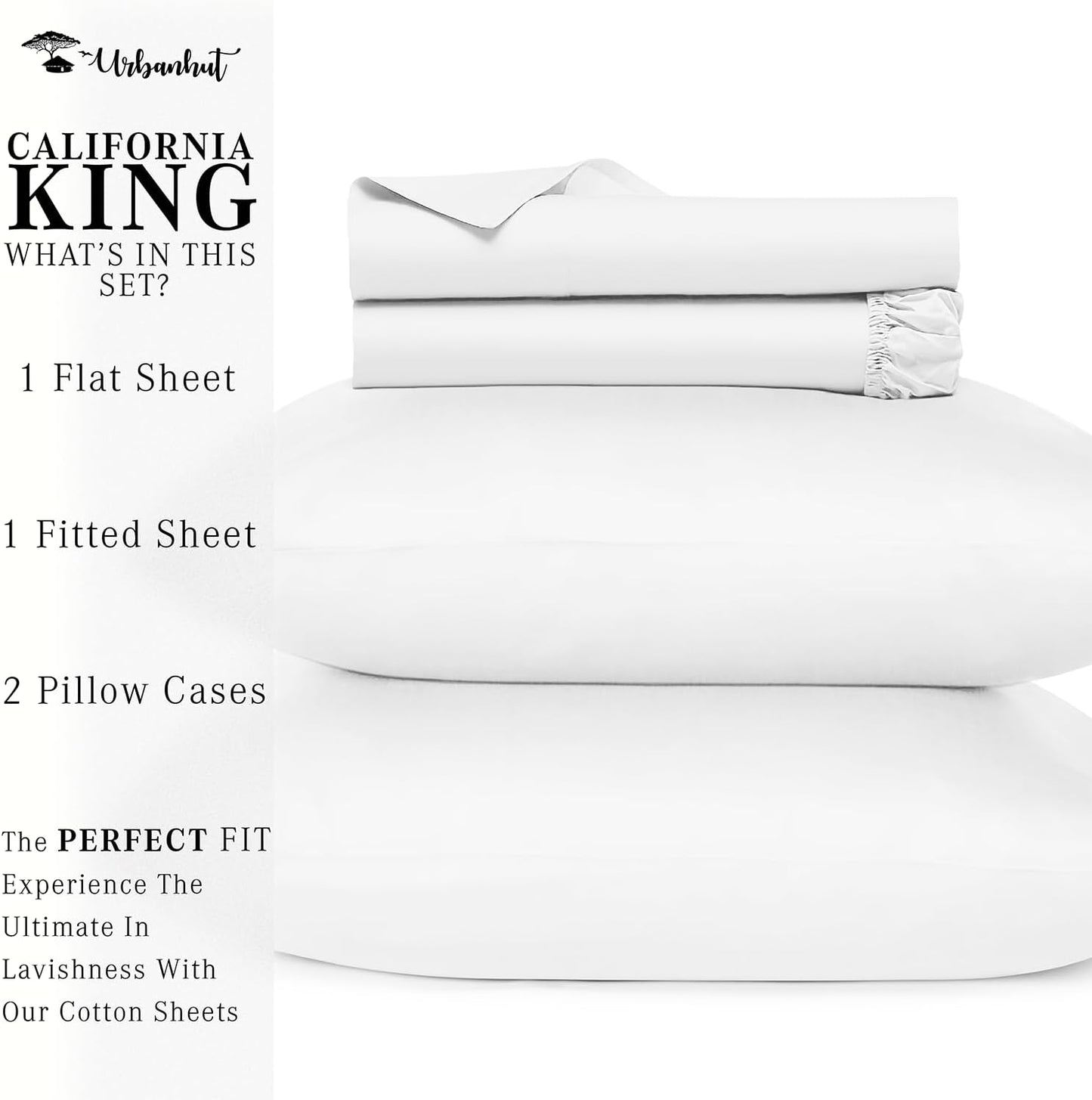 URBANHUT 700 Thread Count Egyptian Cotton Sheets California King Size, 4Pc Sheet Set Soft Luxury Bed Sheet for California King Size Bed, Sateen Weave Hotel Sheets, 16'' Elasticized Deep Pocket - White