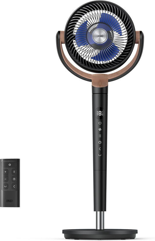 Dreo Fan for Bedroom, 120°+120°Omni-directional Oscillating Fan, DC Motor, 20 dB Quiet Standing Pedestal Fans, 90ft, 8 Speeds, 3 Modes Circulator with Remote, 35-40"Adjustable Height, 8H Timer, Black
