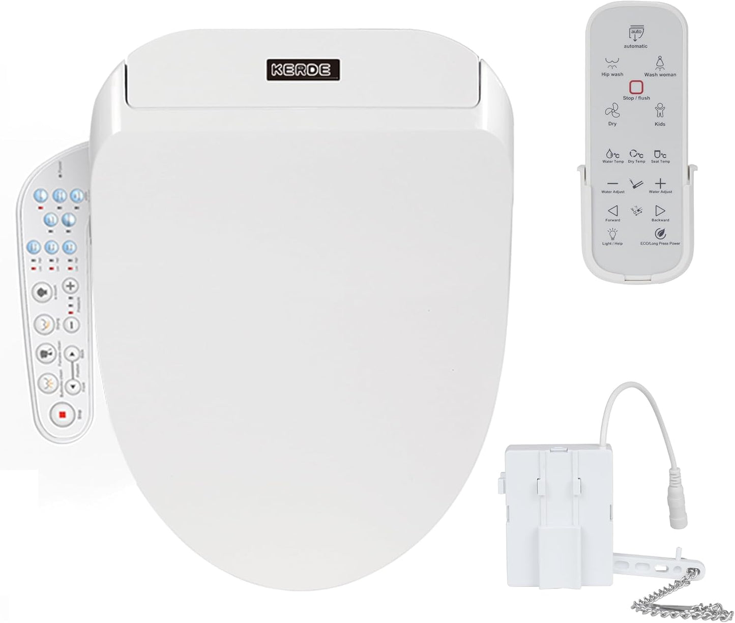 KERDE P30A Electric Bidet Toilet Seat with Auto Flush & Dual-Control (Remote+Panel) – Heated Seat, Warm Water Wash, Self-Cleaning Nozzle, Universal Fit for Elongated Toilets (Remote+Armrest)