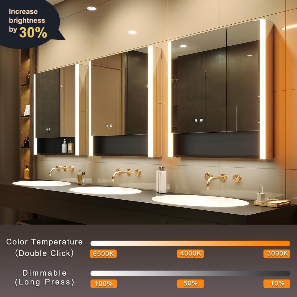 KWW LED Lighted Bathroom Medicine Cabinet with Sockets & USBs, Defogger, Dimmable, 3 Color Light Makeup Mirror, Easy to Install, Wall Mounted Cabinet (Two-Door, 31 * 34)
