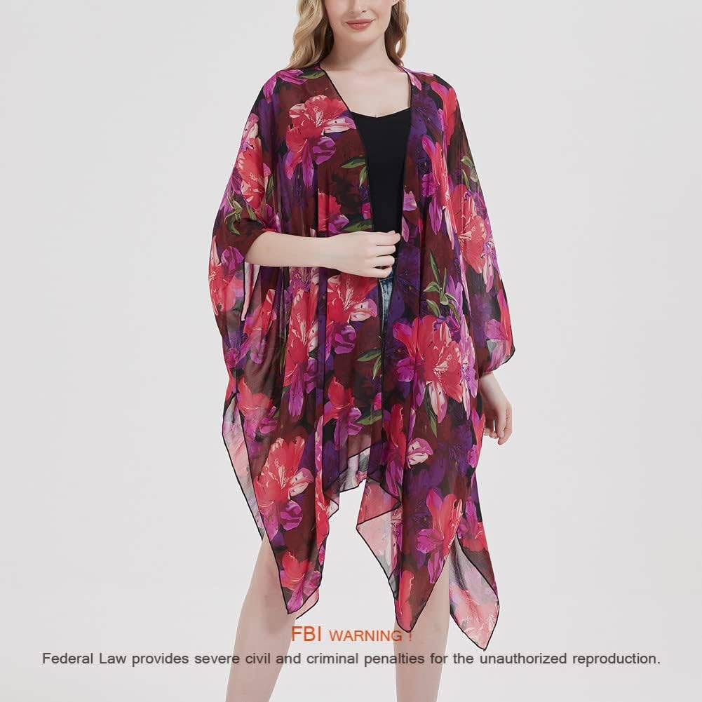 Women's Bohemian Floral Chiffon Beach Cover up Swimsuit Kimono Summer Swimwear Cardigans