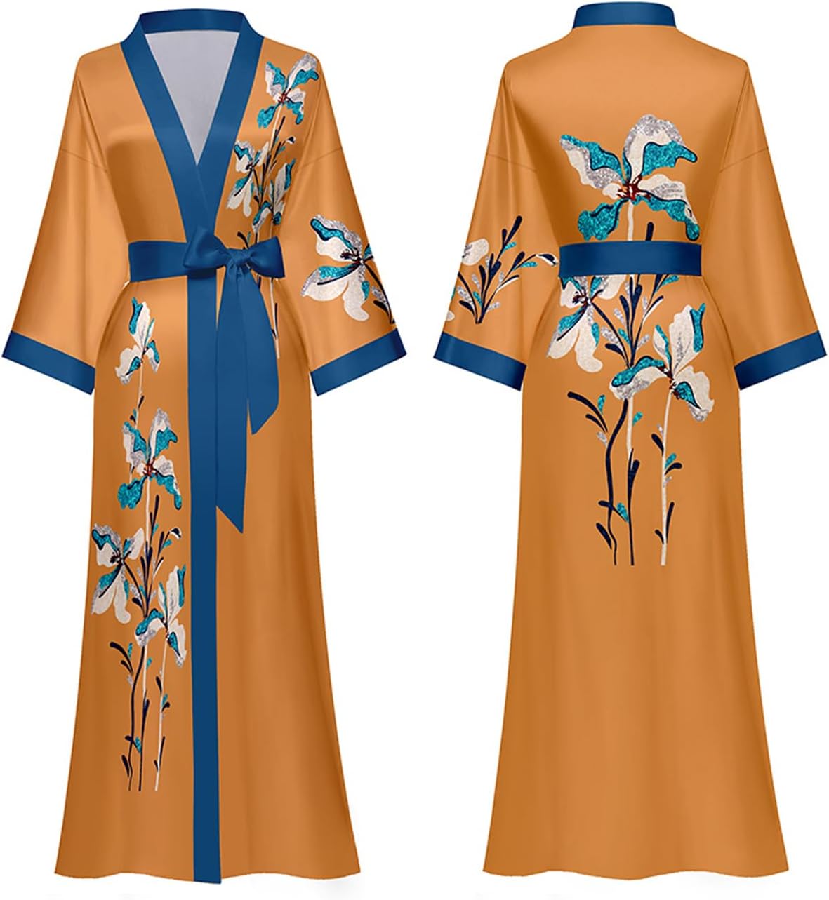 Silk Satin Robe for Women Long Japanese Kimono Robe Lightweight Soft Bathrobe Floral Luxury Dressing Gown