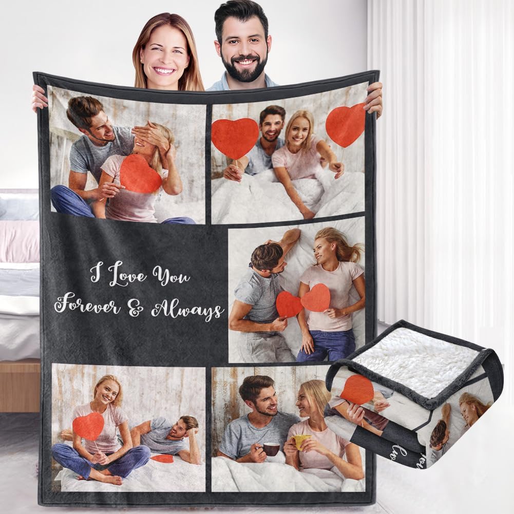 Custom Sherpa Fleece Blanket with Photos, Text, Soft, Warm, Fuzzy - Personalized Couples Gifts for Boyfriend, Girlfriend - Customized Picture Blanket for Birthday, Anniversary, Christmas