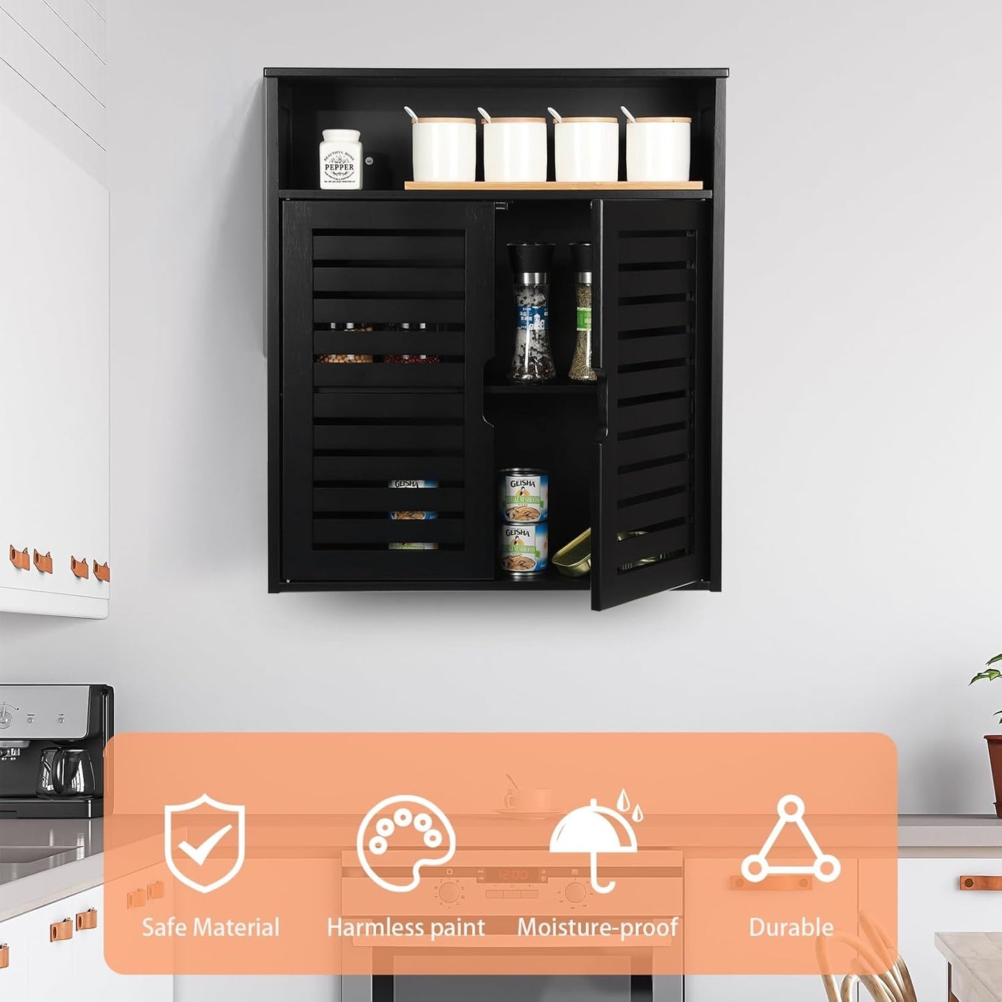 HYNAWIN Wall-Mounted Black Bathroom Cabinet with Double Doors, Bamboo Storage Shelf Organizer for Kitchen, Living Room, or Bathroom
