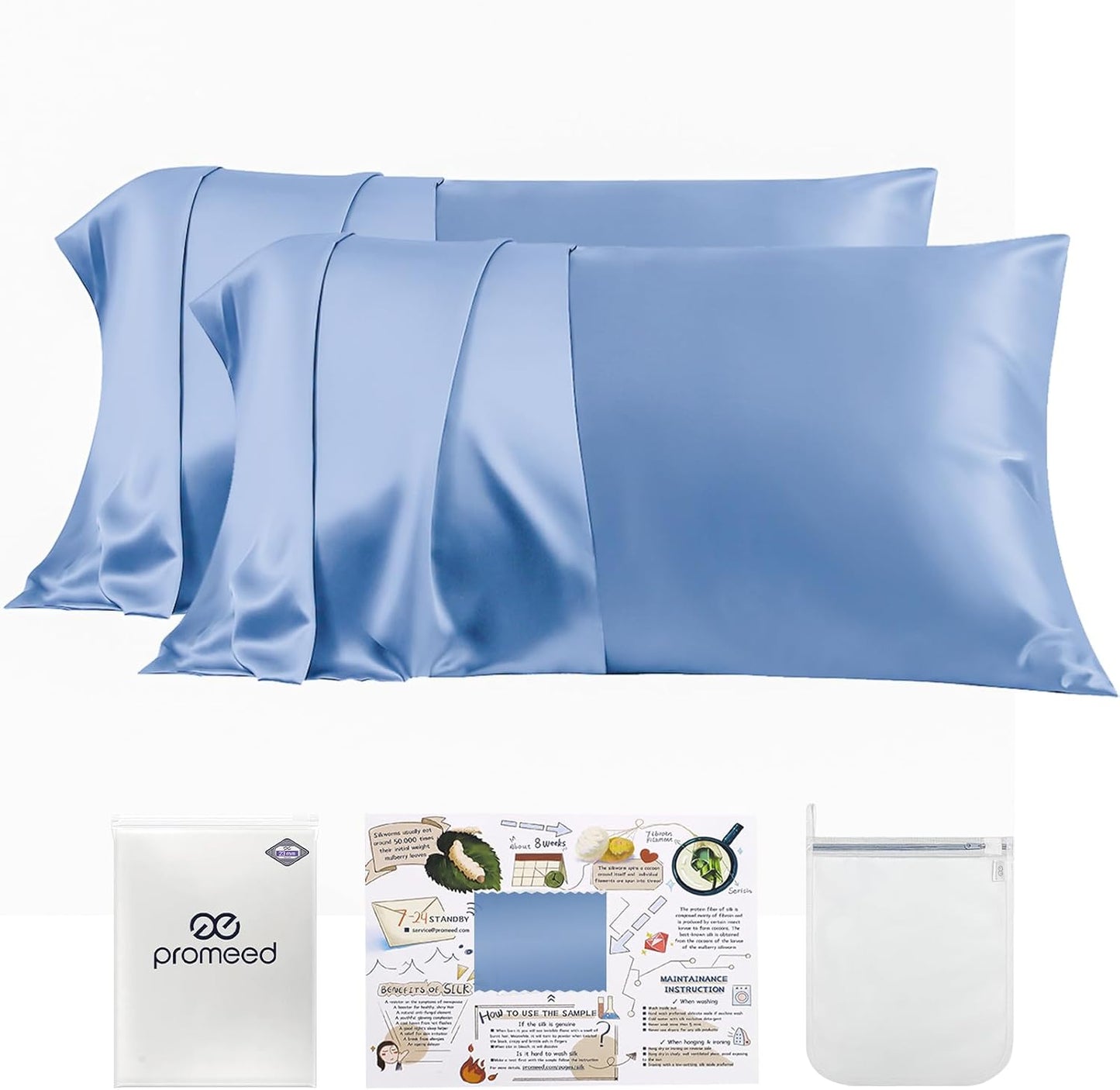 PROMEED 100% Mulberry Silk Pillowcase Set of 2, Both Sides Natural Silk Pillow Case 2 Pack Cooling Pillow Cases for Hot Sleepers, Hidden Zipper Closure (Queen 20"x30", Light Blue)