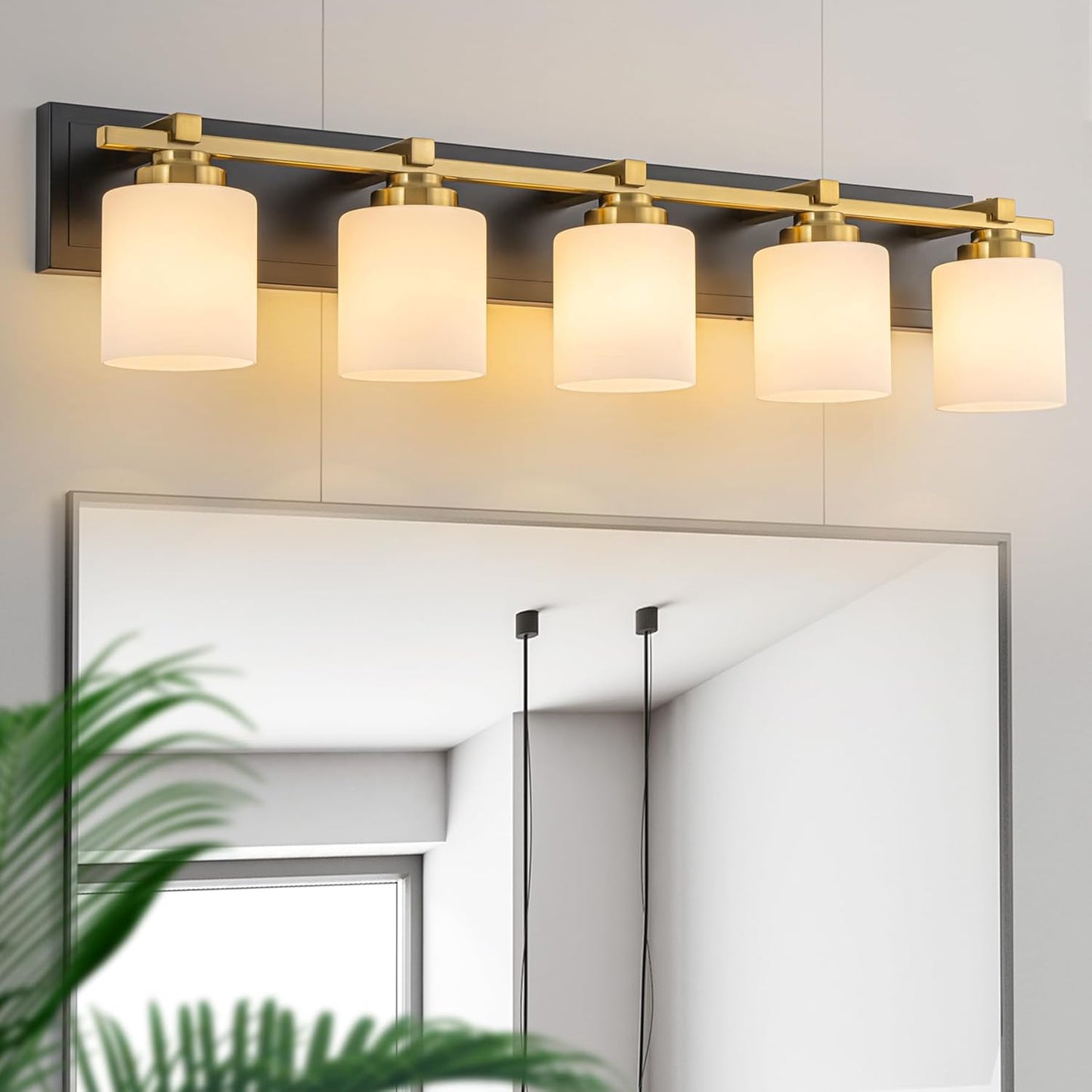 5 Light Modern Bathroom Light Fixtures Over Mirror, Black Gold Vanity Lights for Bathroom Wall Sconces with Milky White Glass Shades, E26 Socket (Bulbs Not Included)