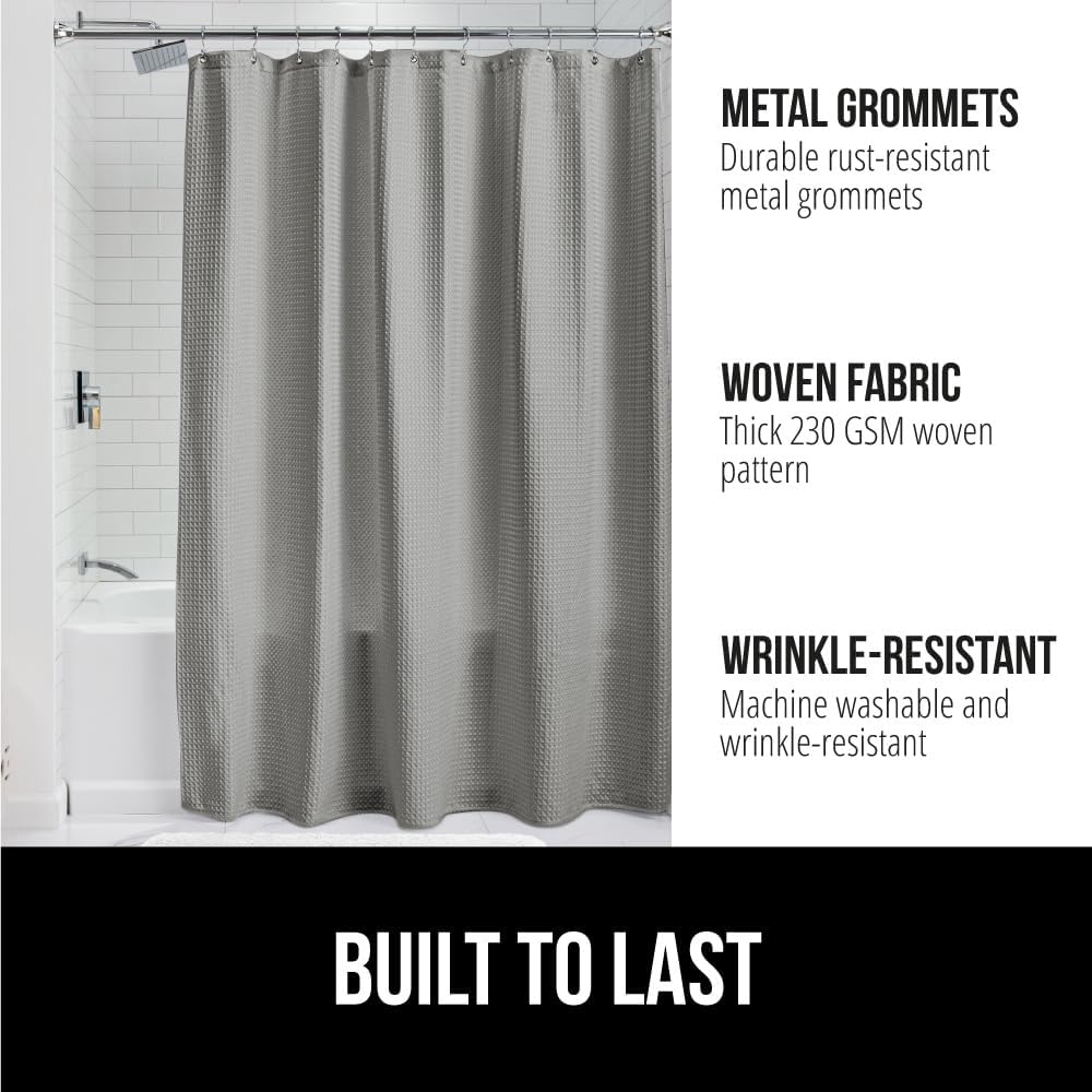 GORILLA GRIP Waffle Shower Curtain, Thick Weighted Fabric, 72x78, Wrinkle and Rust Resistant, Classic Hotel Quality Design, Heavy Duty Long Curtains for Bathroom Showers, Bath Tubs, Machine Wash, Gray