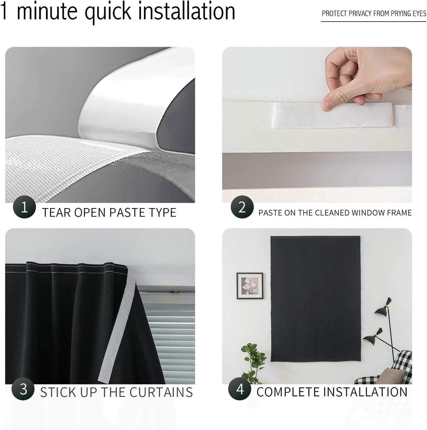 Adhesive Blackout Curtains- Self Stick Shades Window Blinds Curtains No Rod Needed Easy to Hang Curtains, Use for Bedroom, Living Room, Dining Room, Kitchen, Home Office, 47"W X 71"L, Black, 1 Panel