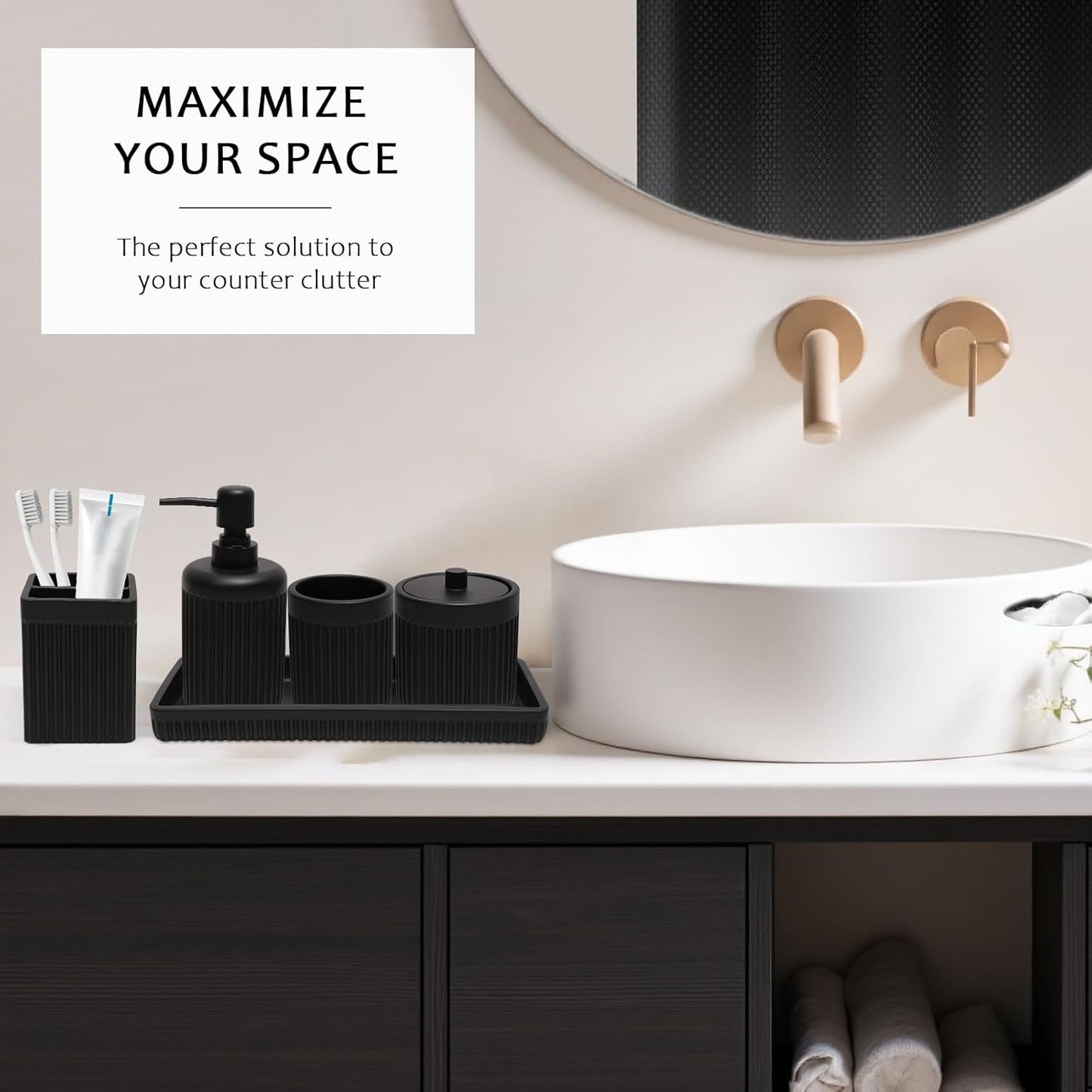 8-Piece Matte Black Bathroom Set - Luxury Resin Bathroom Accessories Sets Complete with Shower Curtain and Rugs, Soap Dispenser, Toothbrush Holder, Cup, Apothecary Jars & Tray