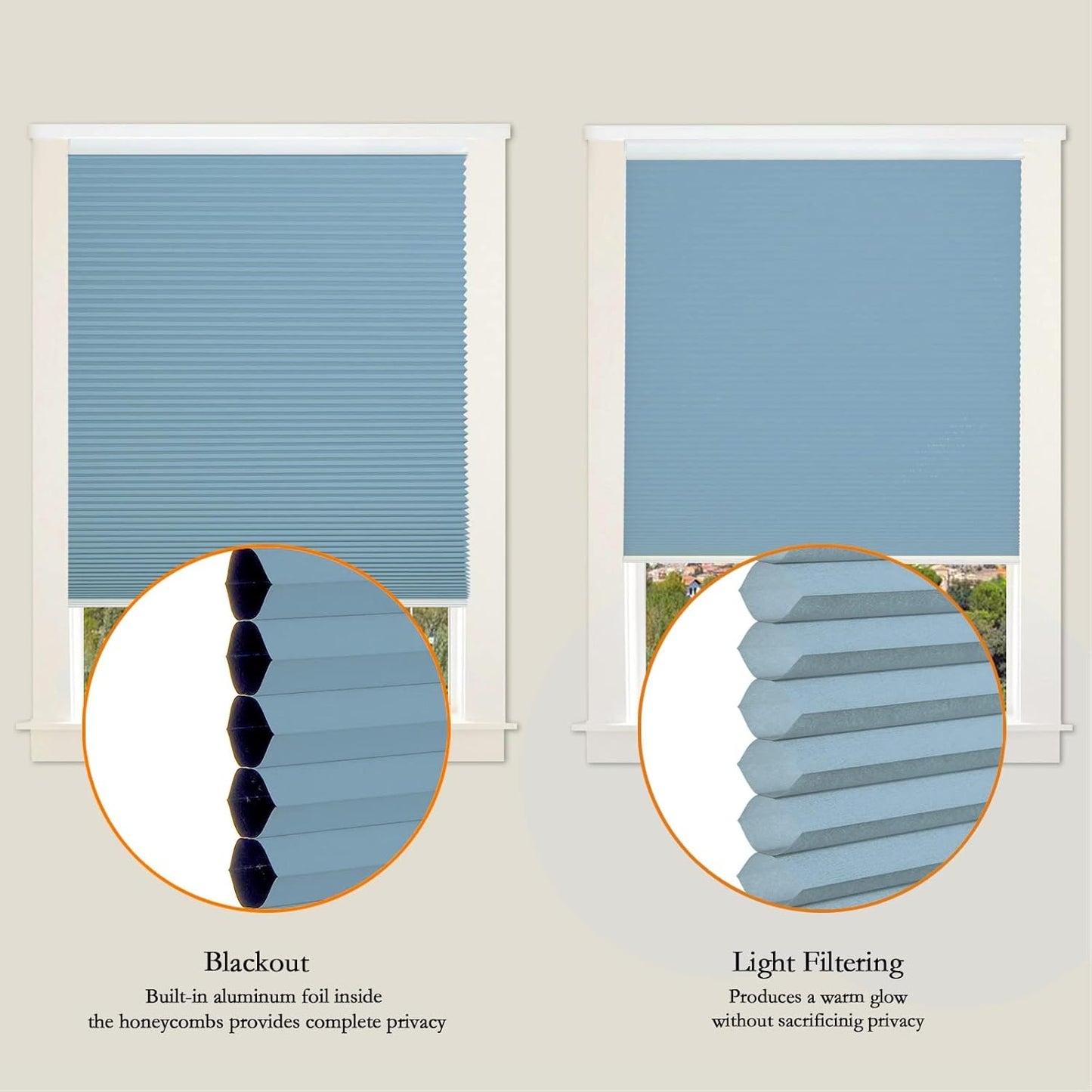 Persilux Light Filtering Cellular Window Shades Cordless Shades Bottom up UV Protection Room Darkening Honeycomb Blinds for Windows, Home and French Doors, Blue, 92" W x 54" H