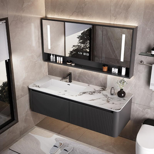 Bathroom Vanity Cabinet, 48" Bathroom Vanity with Sink & Intelligent Defog LED Mirror, Solid Wood Float Vanities, Wall-Mount Bathroom Cabinet with Drawer, Undermount Single Sink, Faucet, Drain(Black)