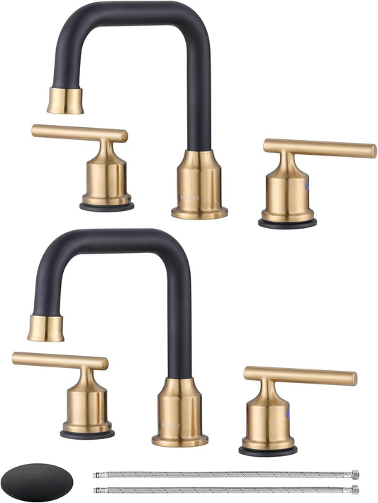 Black and Gold Bathroom Faucet: WOWOW Widespread Bathroom Sink Faucet 3 Hole with Pop-up Drain and Supply Lines, 8 Inch Vanity Taps 3 Pieces Basin Tap 2 Handle Modern (2 Pack)