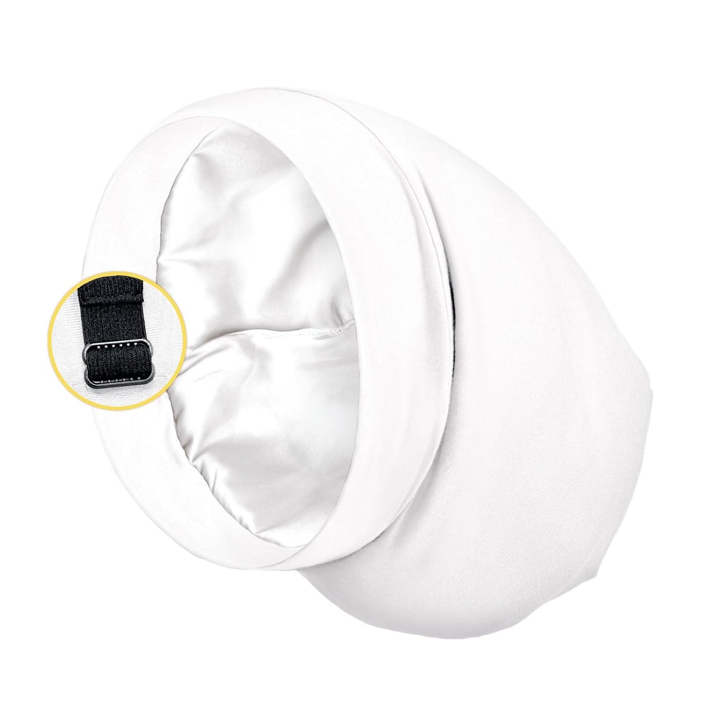 Satin Lined Sleep Cap Bonnet for Curly Hair and Braids, Stay On All Night Hair Wrap with Adjustable Strap for Women and Men, White, Pack of 1