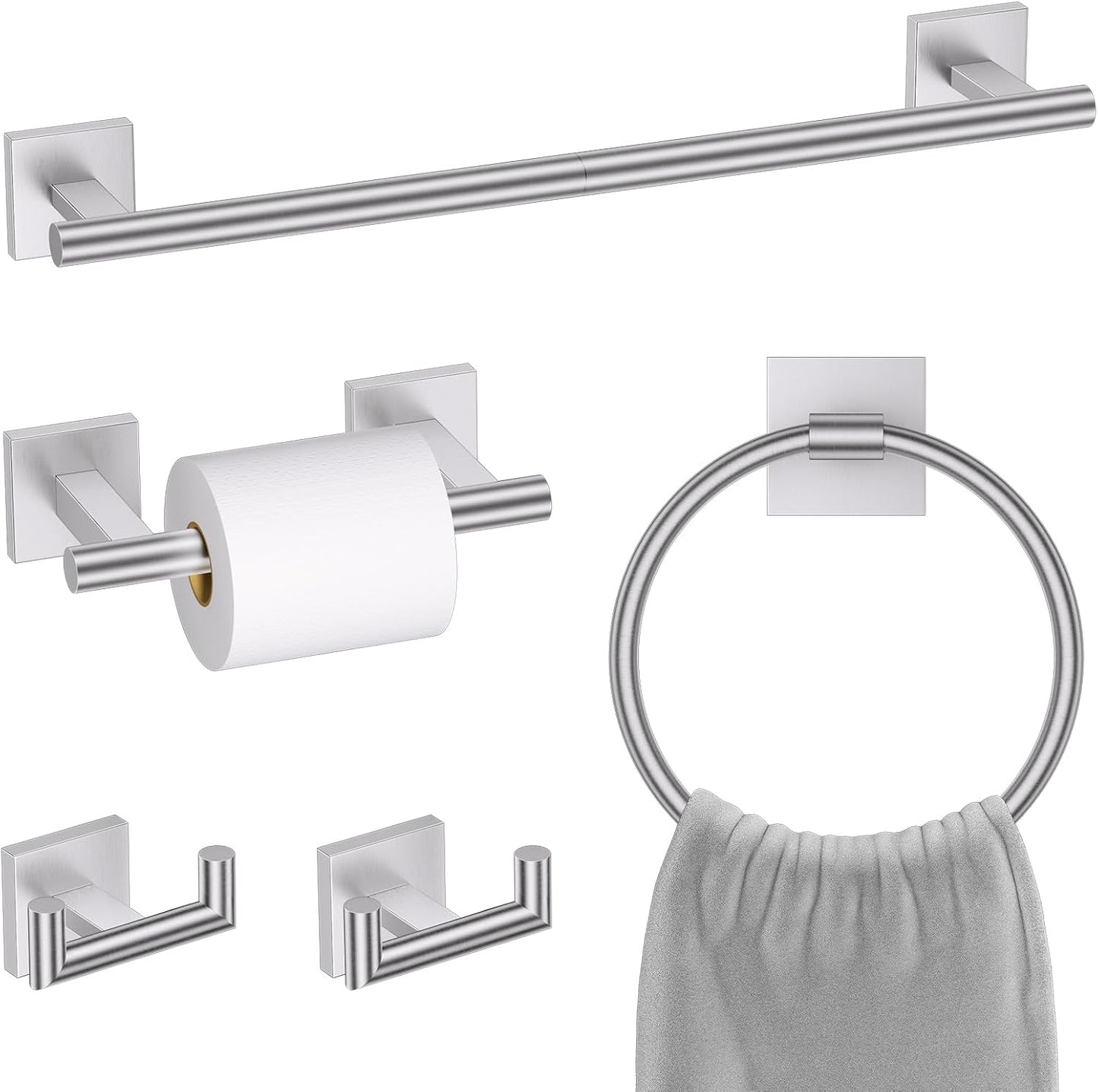 Brushed Nickel Bathroom Hardware Towel Bar Set, 5 Pieces Double Dase Toilet Paper Holder Bathroom Hardware Set, 23.6 Inch Stainless Steel Towel Racks for Bathroom Wall Mounted