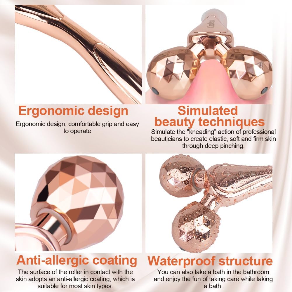 3D Face Roller Metal Facial Massager Face Sculpting Gua Sha Massage Tool for Eye Skin Care Reducing Puffiness Anti-Wrinkle for Women Girl Gift Set(Rose Gold)