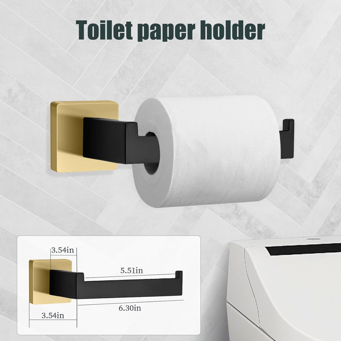 5 Piece Black and Gold Towel Bar Set - Gold and Black Bathroom Accessories with 2 Towel Hook, Stainless Steel Wall Mounted Bathroom Towel Rack Set - Square 16-Inch