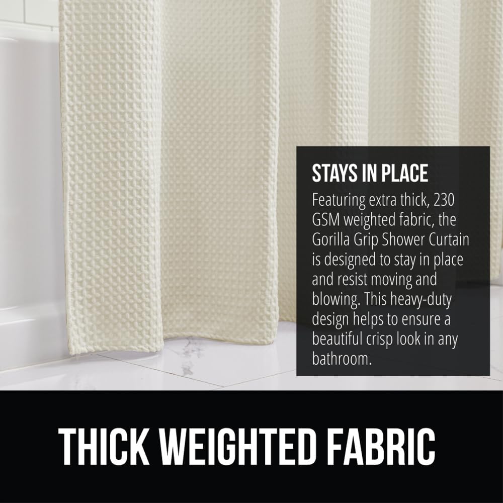 GORILLA GRIP Waffle Shower Curtain, Thick Weighted Fabric, 72x78, Wrinkle and Rust Resistant, Hotel Quality Design, Heavy Duty Long Curtains for Bathroom Showers, Bath Tubs, Machine Wash Ivory Cream