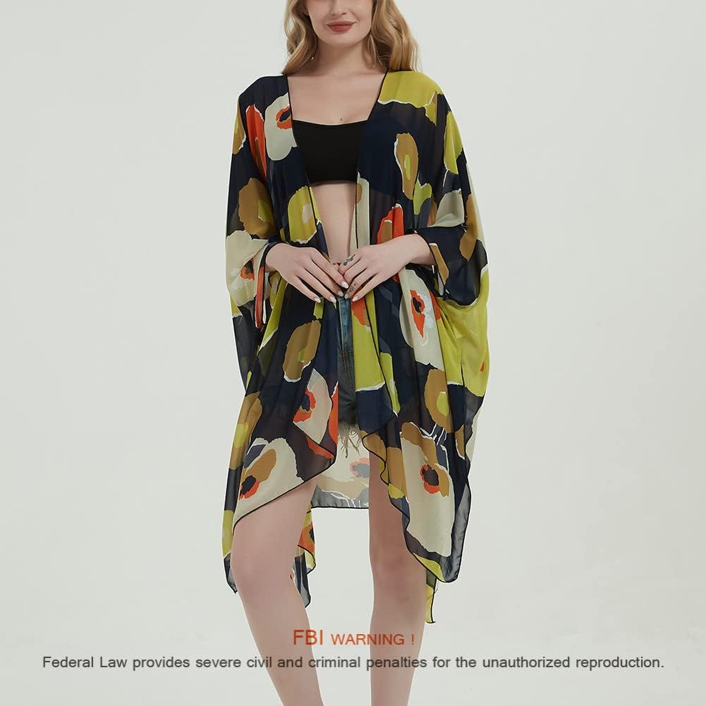 Women's Bohemian Floral Chiffon Beach Cover up Swimsuit Kimono Summer Swimwear Cardigans
