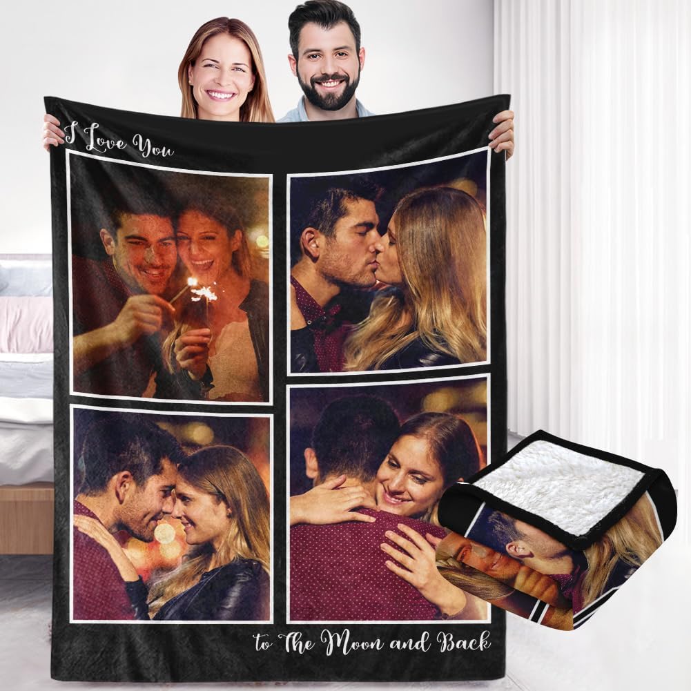 Custom Sherpa Fleece Blanket with Photos, Text, Soft, Warm, Fuzzy Personalized Couples Gifts for Boyfriend, Girlfriend