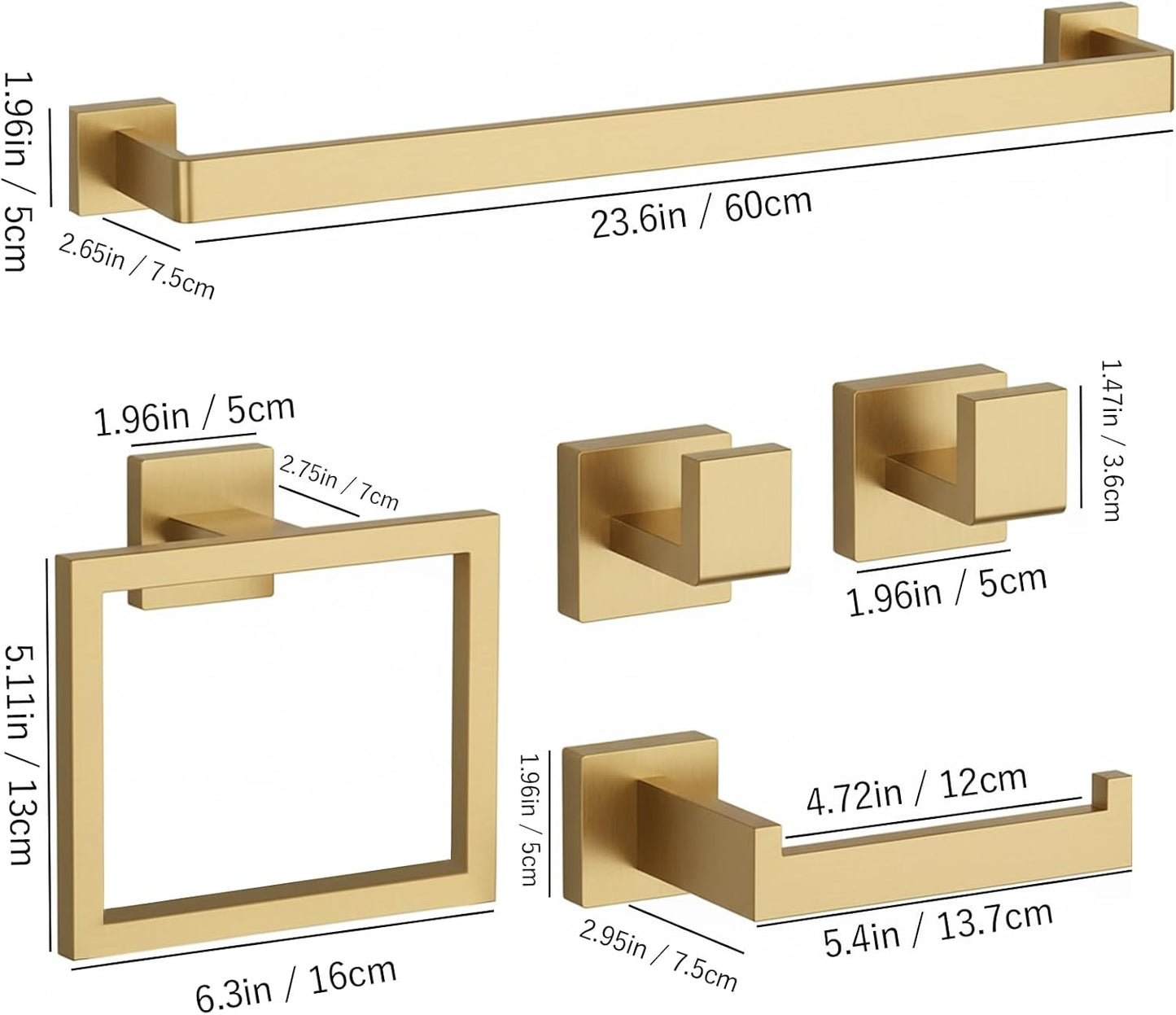 5-Piece Brushed Gold Bathroom Accessories Set – 23.6" Towel Bar, Towel Ring, Toilet Paper Holder & Hooks, Wall Mounted Bathroom Hardware, Rust & Corrosion-Resistant, Ideal for Modern Bathrooms