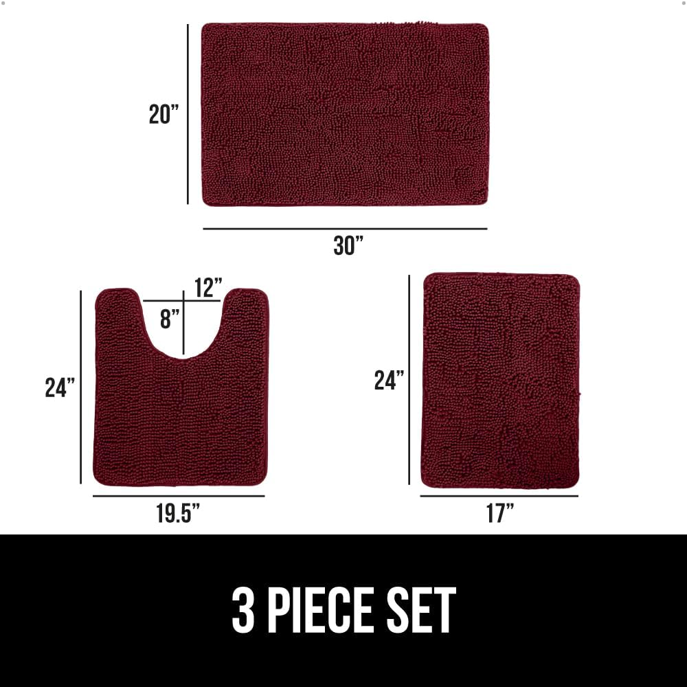 GORILLA GRIP Bathroom Rug Sets 3 Piece, Bath Mat Set and Oval Toilet Base with Rubber Backing, Plush Absorbent Shaggy Chenille Washable Mats, Includes 24x19.5, 24x17 and 30x20 Inch Rugs, Burgundy