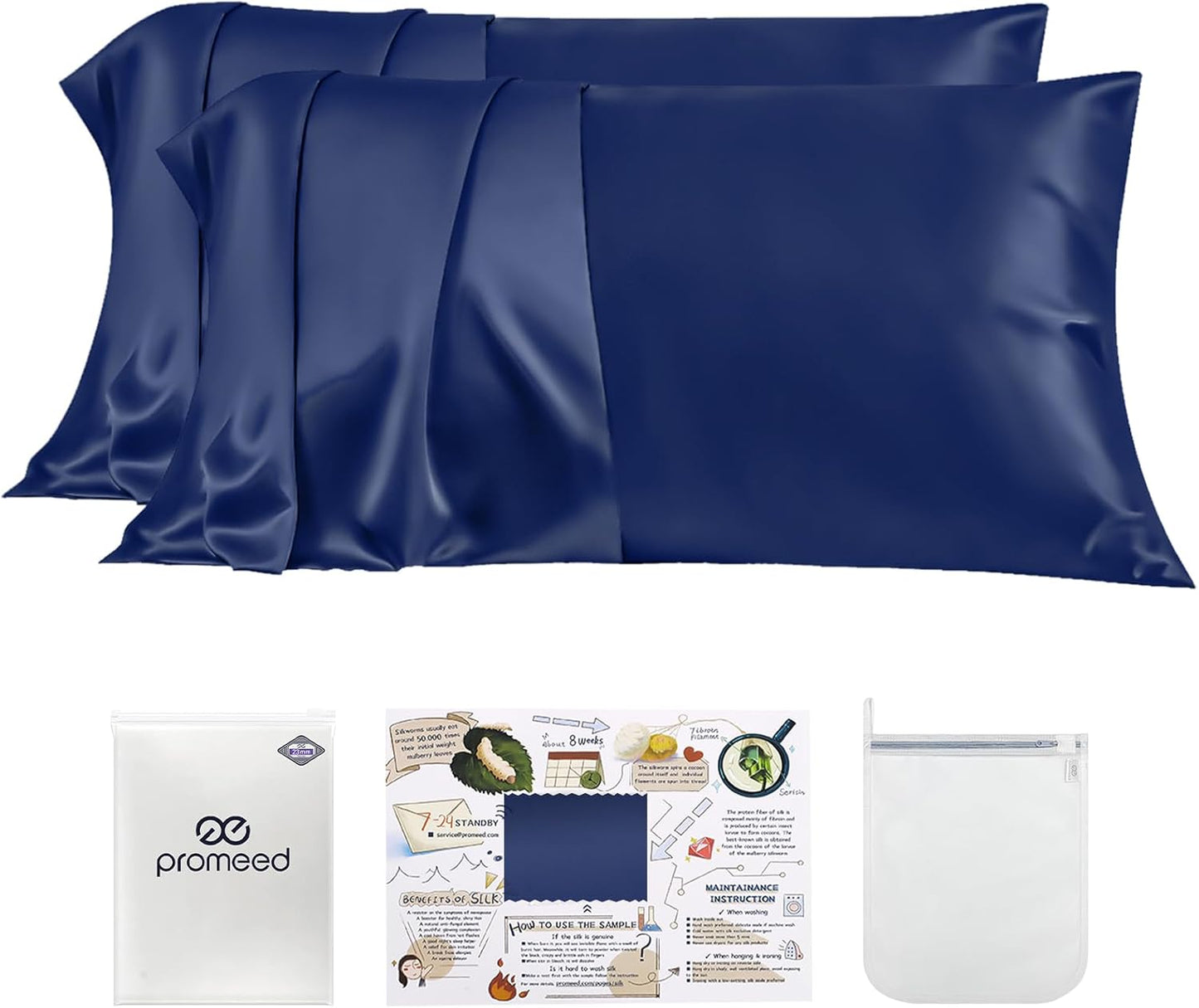 PROMEED 23 Momme Silk Pillowcase 2 Pack Toddler/Travel Size with Free Laundry Bag, Highest Grade 6A+ 100% Mulberry Silk Pillow Case Set of 2, Zipper (Toddler/Travel 13"x18", Navy)