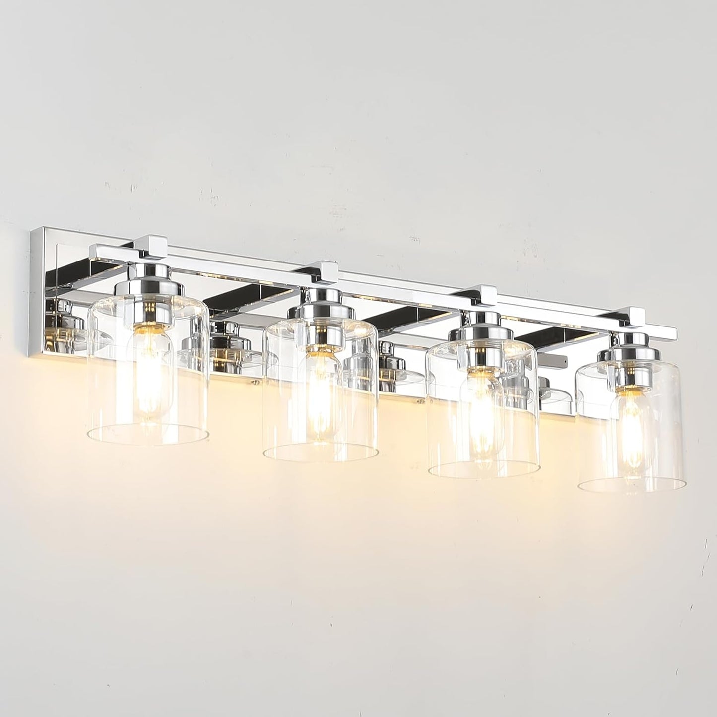 4 Light Modern Bathroom Light Fixtures Over Mirror, Chrome Vanity Lights for Bathroom Wall Sconces with Clear Glass Shades, E26 Socket (Bulbs Not Included)