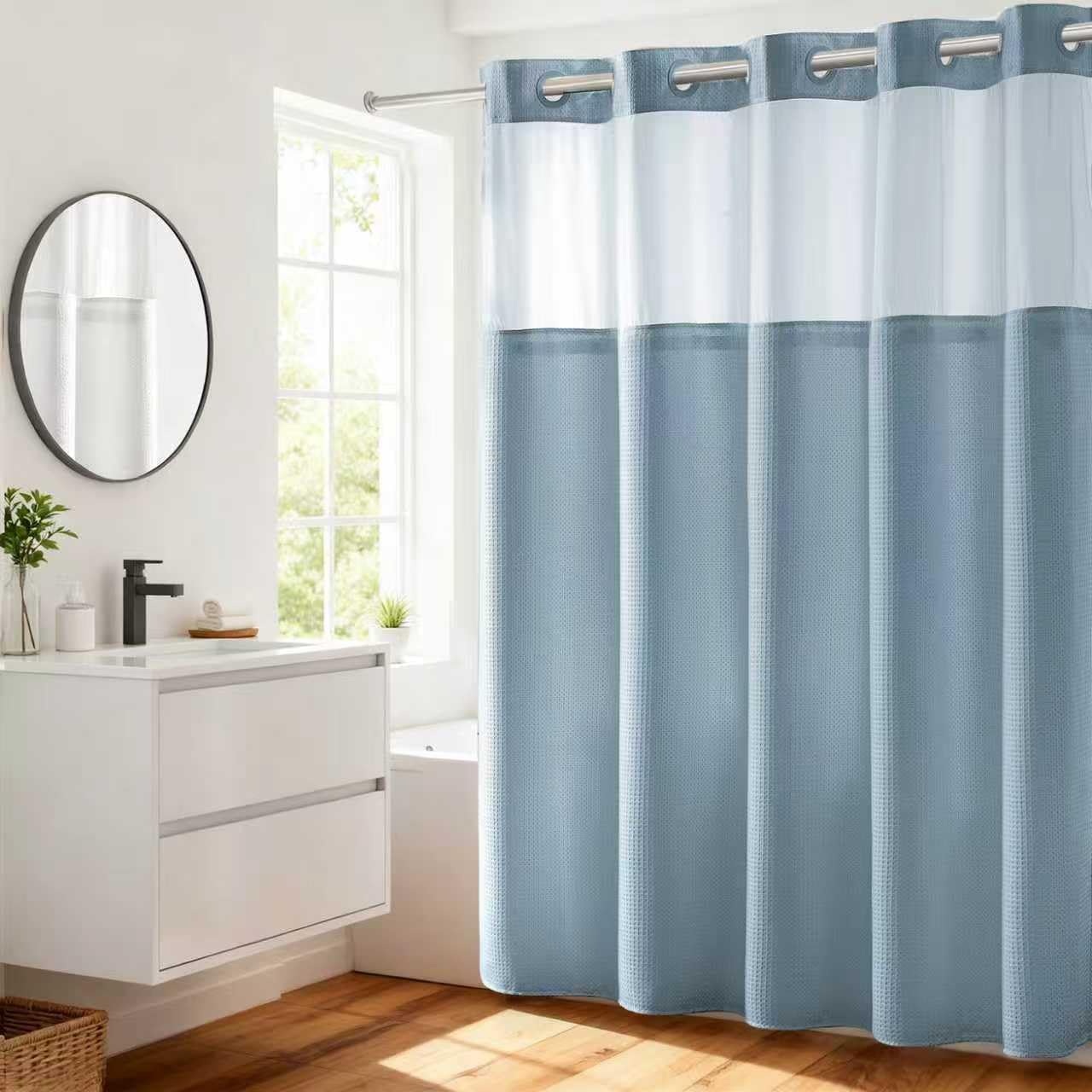 River Dream Heavyweight No Hooks Required Dotted Waffle Weave Shower Curtain with Snap in Liner - 71W x 74H,Hotel Grade,Spa Like Bath Curtain,Blue
