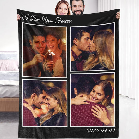 Custom Sherpa Fleece Blanket With Photos and Text - Soft Warm Fuzzy Personalized Couples Gift for Boyfriend Girlfriend - Customized Picture Blanket for Birthday Christmas - Ships Next Day