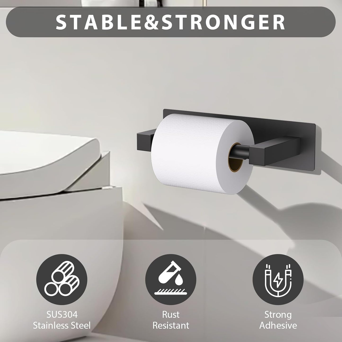 Black Self Adhesive Toilet Paper Holder, Stainless Steel Bathroom Toilet Paper Holder Stick On Wall Mount, Commercial Toilet Paper Dispenser Peel and Stick Toilet Paper Holder Adhesive