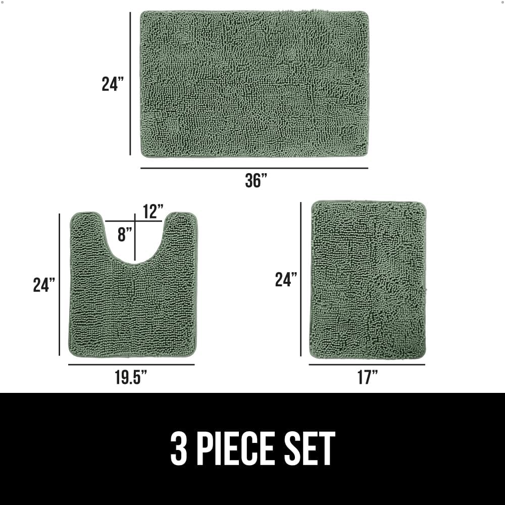 GORILLA GRIP Bathroom Rug Sets 3 Piece, Bath Mat Set and Oval Toilet Base with Rubber Backing, Plush Absorbent Shaggy Chenille Washable Mats, Includes 24x19.5, 24x17 and 36x24 Inch Rugs, Sage