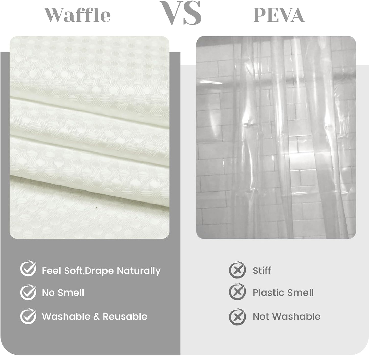No Hook Shower Curtain with Snap in Liner Set Waffle Shower Curtain for Bathroom Hotel Style Fabric Waterproof Inner Liner，71" W x 74" H, Ivory