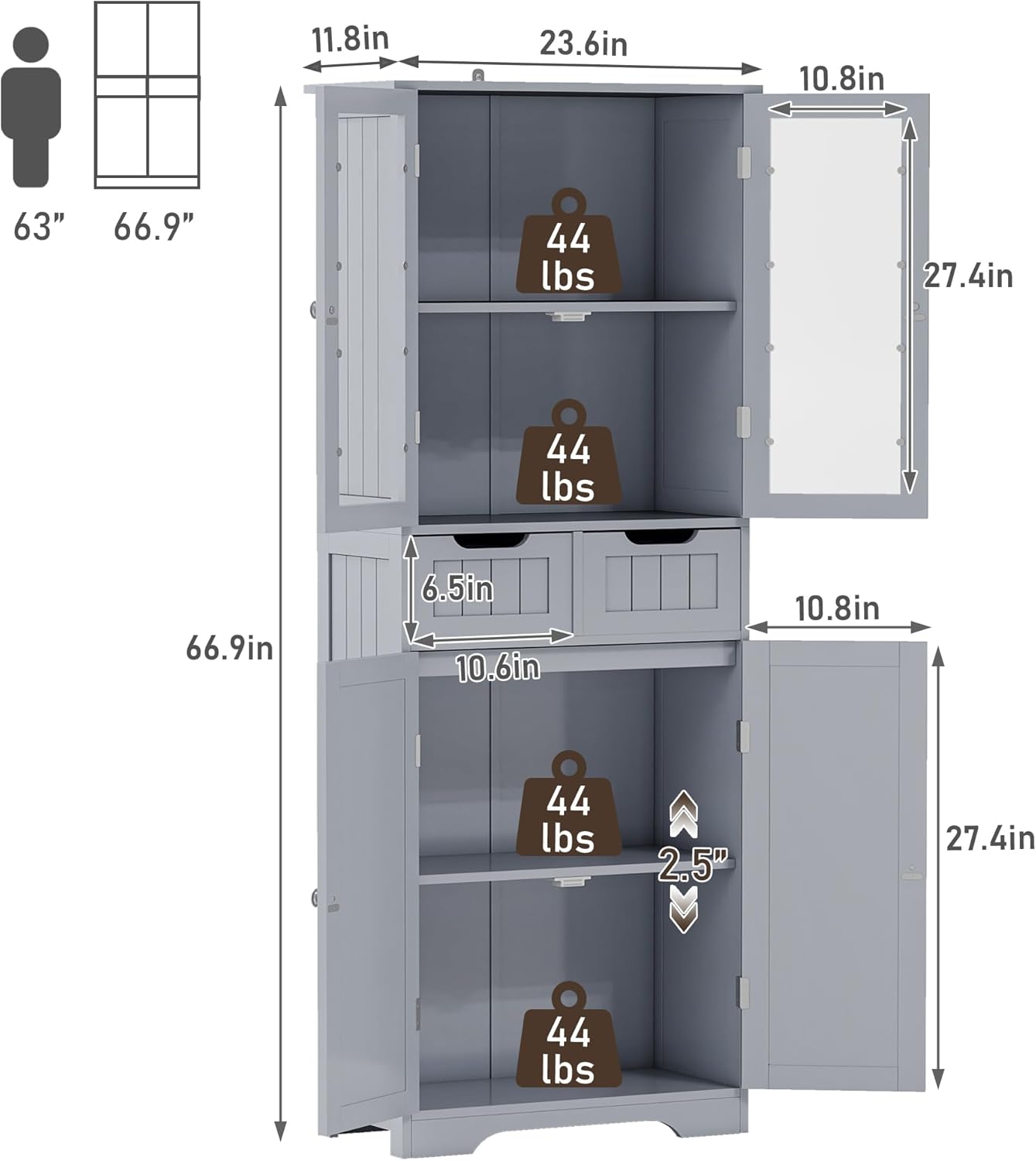TOLEAD 67" Tall White Bathroom Cabinet Storage Cabinet, Freestanding Storage Cabinet with Glass Door and Adjustable Shelves, Bathroom Cabinet for Living Room, Kitchen, Dining, (Grey)