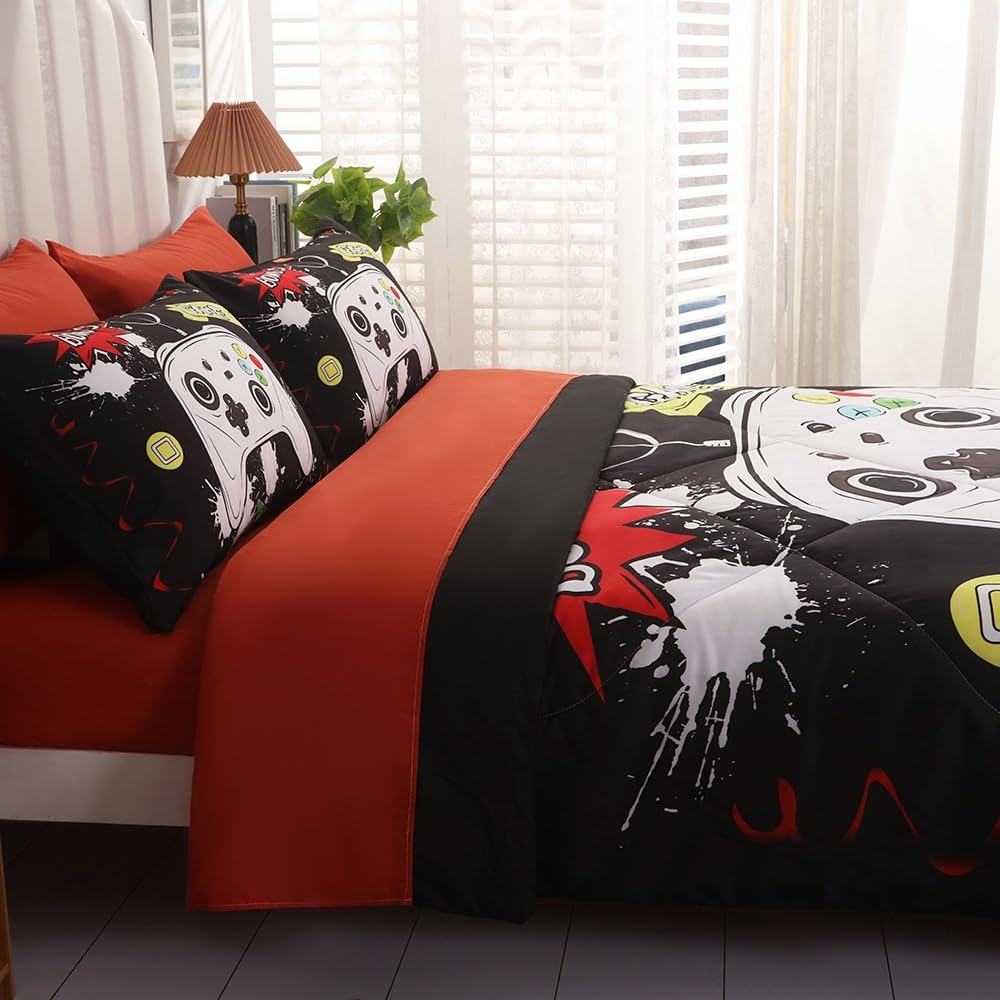 Wajade Kids Game Comforter Set Bed in A Bag Full Size 7 Piece 3D Colorful Video Game Controller Bedding Set for Boys Girls (1 Comforter, 1 Flat Sheet, 1 Fitted Sheet, 2 Pillowcase and 2 Pillow Sham)